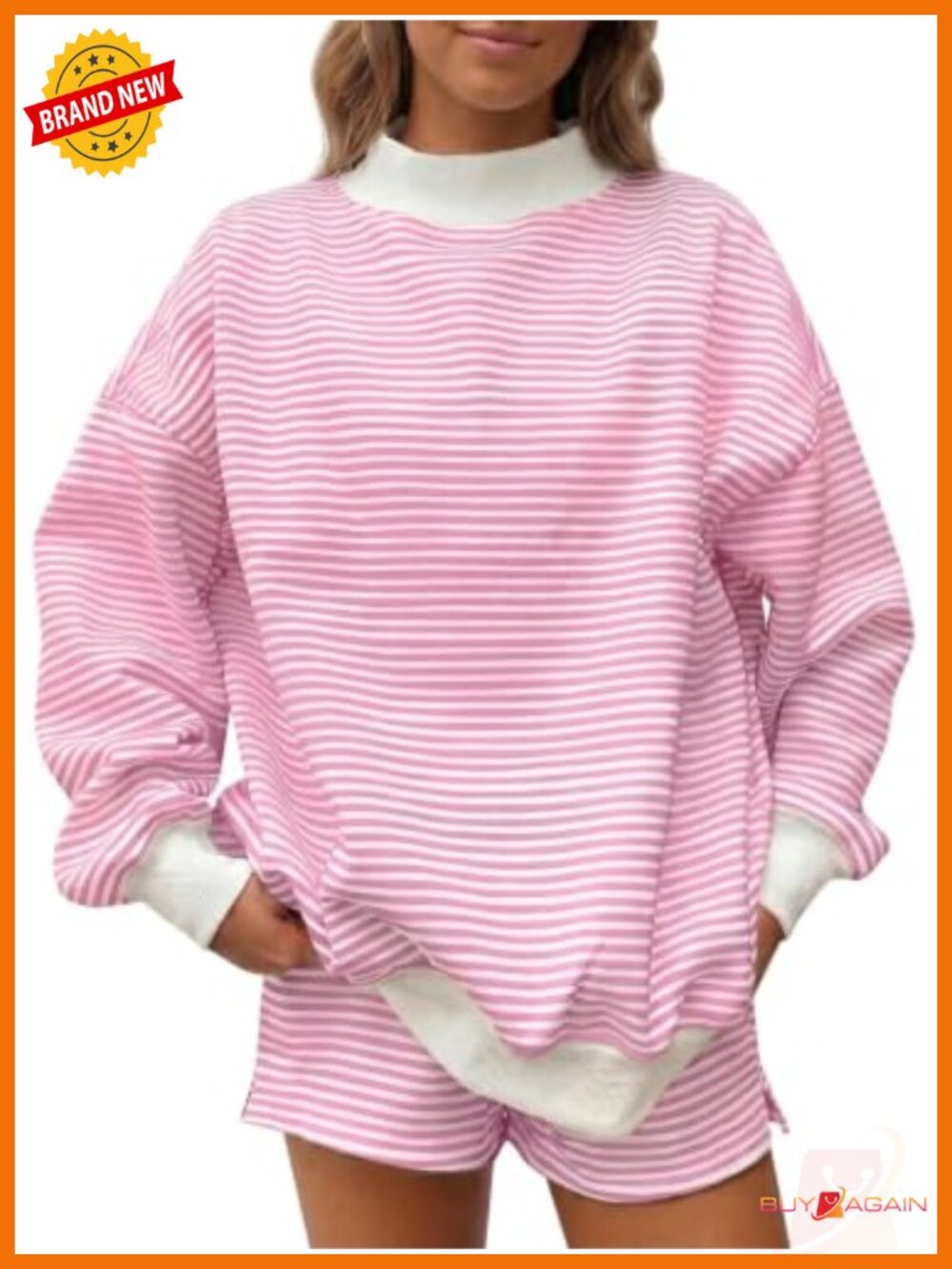 Striped 2 Piece Lounge Set Mock Neck Long Sleeve with Shorts